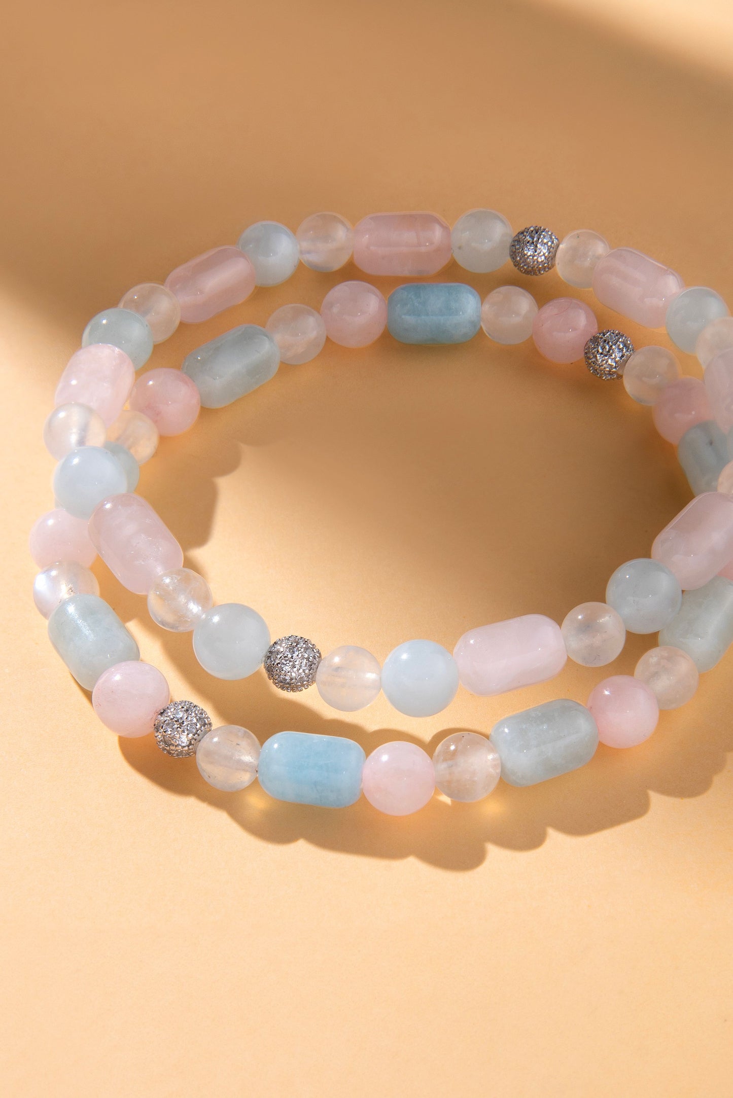 Rose quartz, aquamarine, moonstone