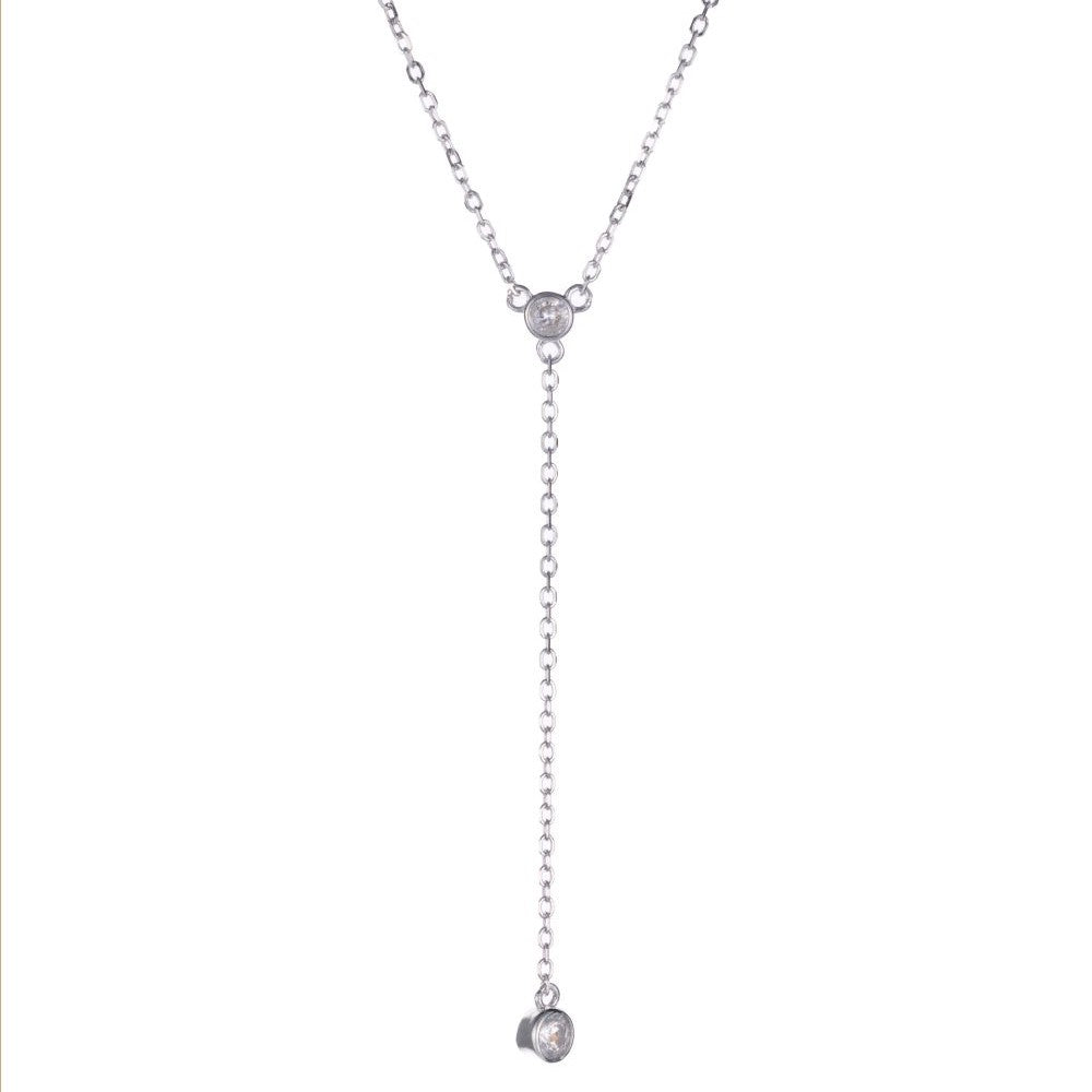 A silver necklace with a crystal hanging from the pendant